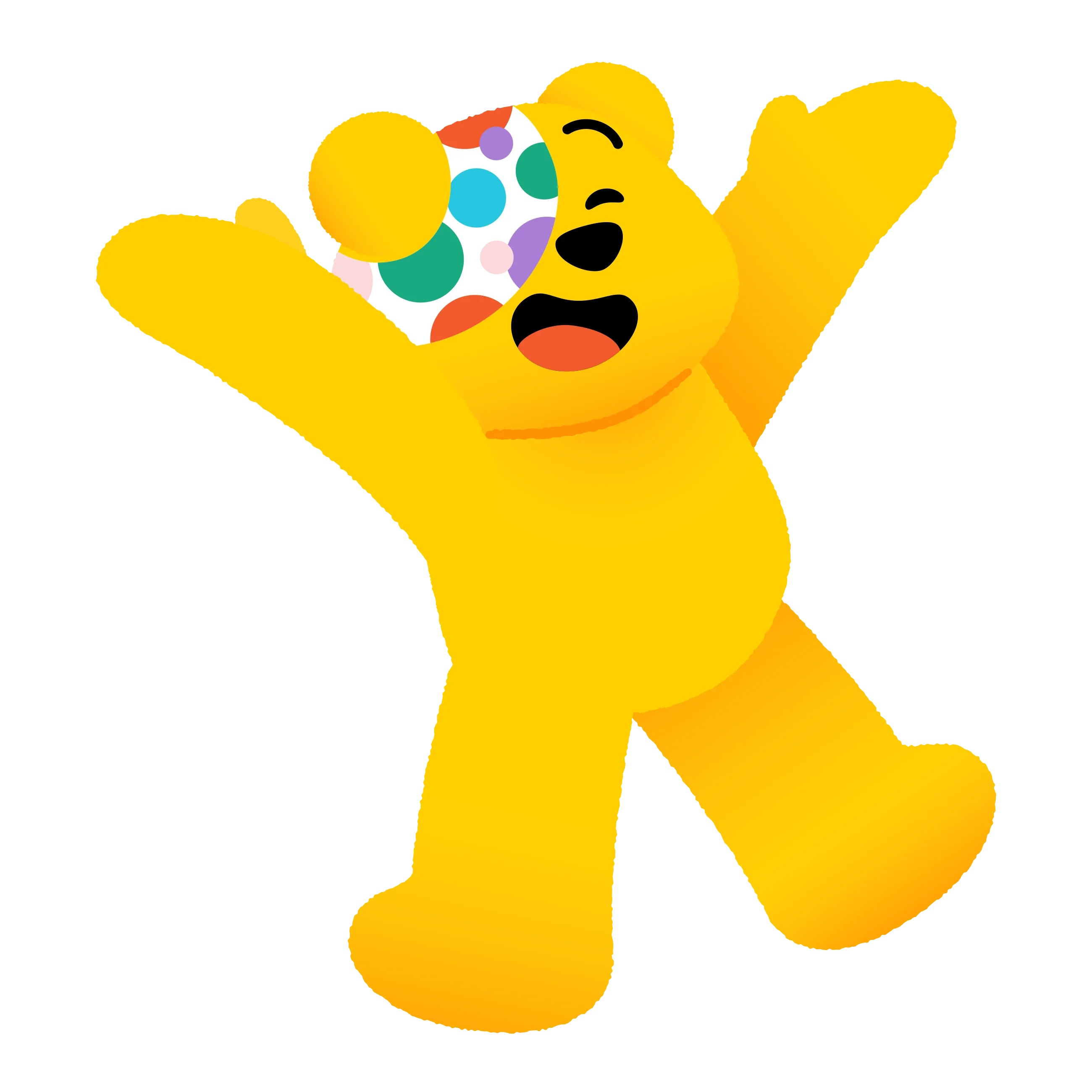 Pudsey Bear with arms outstretched in a welcoming hug pose